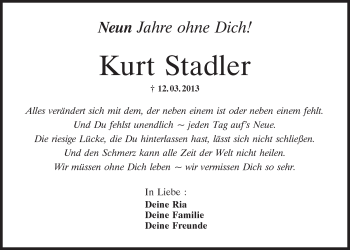 Traueranzeige von Kurt Stadler von Mittelbayerische Zeitung Regensburg