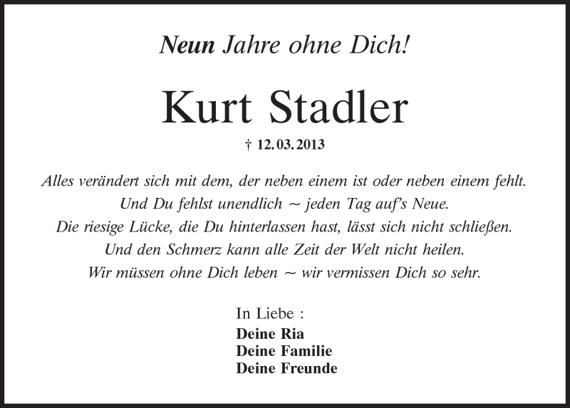  Traueranzeige für Kurt Stadler vom 12.03.2022 aus Mittelbayerische Zeitung Regensburg
