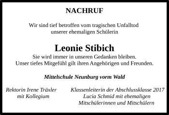 Traueranzeige von Leonie Stibich von Mittelbayerische Zeitung Schwandorf
