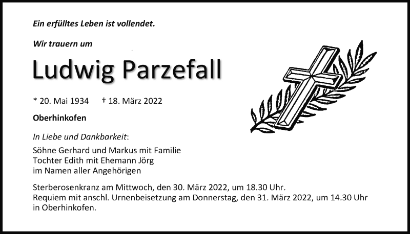  Traueranzeige für Ludwig Parzefall vom 26.03.2022 aus Mittelbayerische Zeitung Regensburg