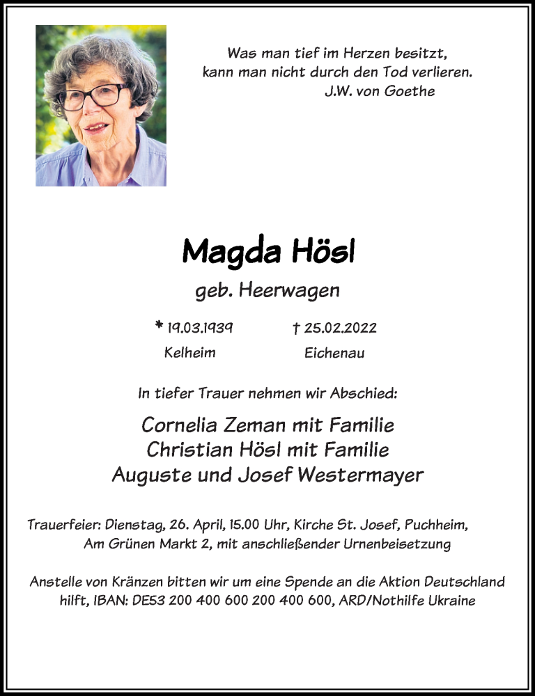  Traueranzeige für Magda Hösl vom 19.03.2022 aus Mittelbayerische Zeitung Kelheim