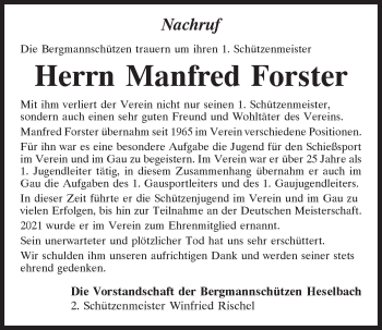 Traueranzeige von Manfred Forster von Mittelbayerische Zeitung Schwandorf