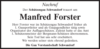 Traueranzeige von Manfred Forster von Mittelbayerische Zeitung Schwandorf