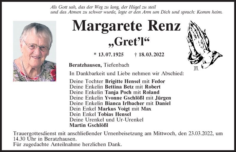  Traueranzeige für Margarete Renz vom 21.03.2022 aus Mittelbayerische Zeitung Regensburg