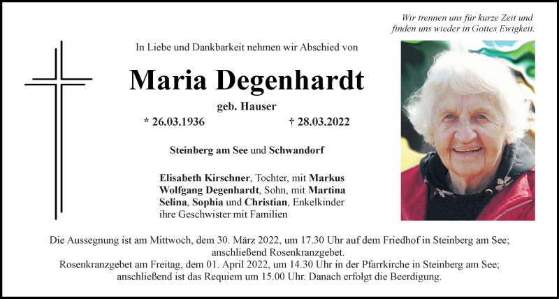  Traueranzeige für Maria Degenhardt vom 30.03.2022 aus Mittelbayerische Zeitung Schwandorf