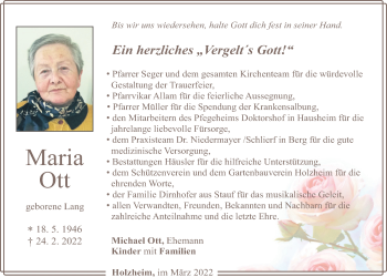 Traueranzeige von Maria Ott von Neumarkter Tagblatt