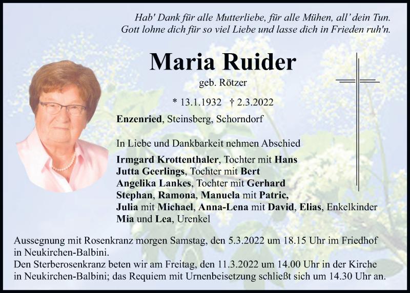  Traueranzeige für Maria Ruider vom 04.03.2022 aus Bayerwald Echo