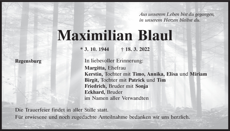  Traueranzeige für Maximilian Blaul vom 26.03.2022 aus Mittelbayerische Zeitung Regensburg