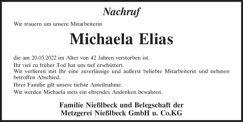  Traueranzeige für Michaela Elias vom 23.03.2022 aus Neumarkter Tagblatt