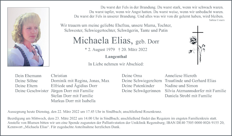  Traueranzeige für Michaela Elias vom 22.03.2022 aus Neumarkter Tagblatt