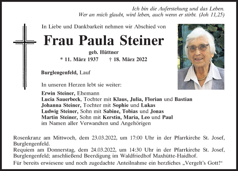  Traueranzeige für Paula Steiner vom 22.03.2022 aus Mittelbayerische Zeitung Schwandorf
