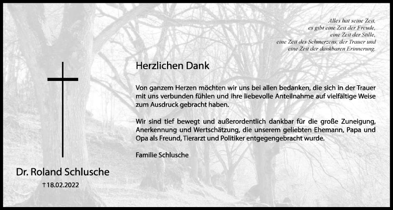  Traueranzeige für Roland Schlusche vom 26.03.2022 aus Neumarkter Tagblatt