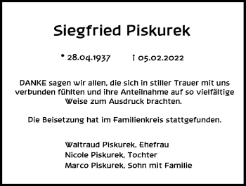 Traueranzeige von Siegfried Piskurek von Mittelbayerische Zeitung Regensburg
