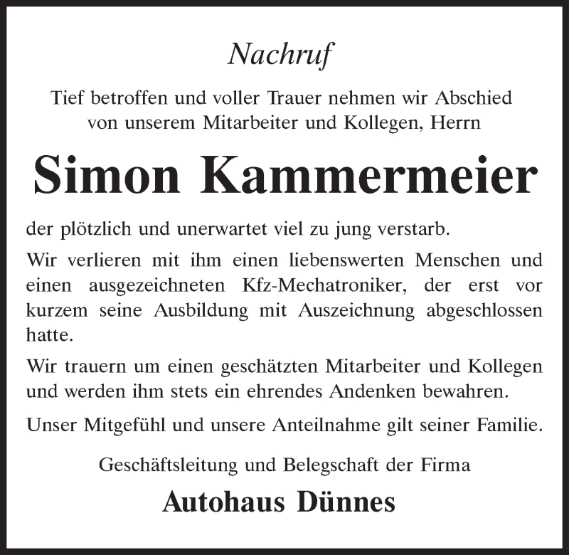  Traueranzeige für Simon Kammermeier vom 26.03.2022 aus Mittelbayerische Zeitung Regensburg