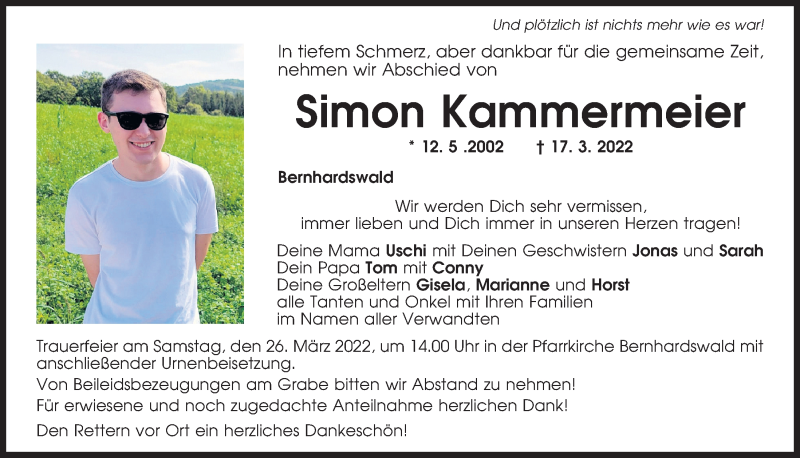  Traueranzeige für Simon Kammermeier vom 23.03.2022 aus Mittelbayerische Zeitung Regensburg