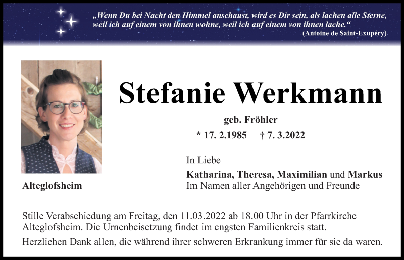  Traueranzeige für Stefanie Werkmann vom 09.03.2022 aus Mittelbayerische Zeitung Regensburg