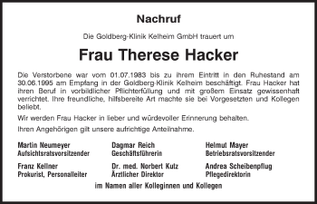 Traueranzeige von Therese Hacker von Mittelbayerische Zeitung Kelheim