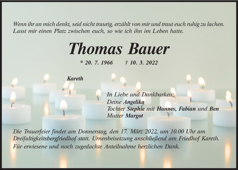  Traueranzeige für Thomas Bauer vom 15.03.2022 aus Mittelbayerische Zeitung Regensburg