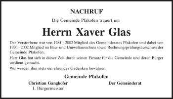 Traueranzeige von Xaver Glas von Mittelbayerische Zeitung Regensburg