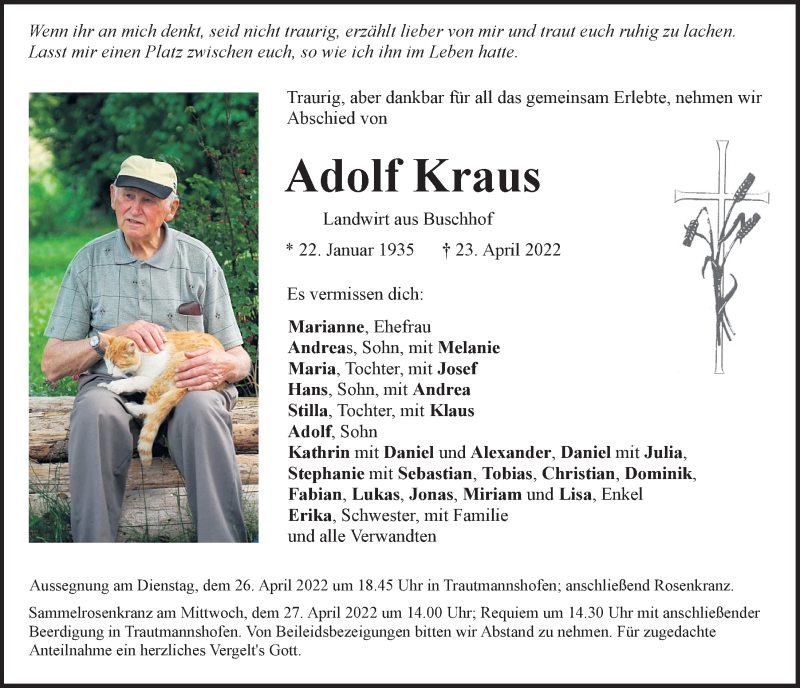  Traueranzeige für Adolf Kraus vom 25.04.2022 aus Neumarkter Tagblatt