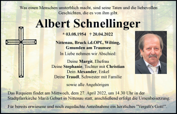Traueranzeige von Albert Schnellinger von Mittelbayerische Zeitung Regensburg