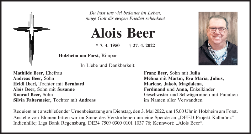  Traueranzeige für Alois Beer vom 30.04.2022 aus Mittelbayerische Zeitung Schwandorf