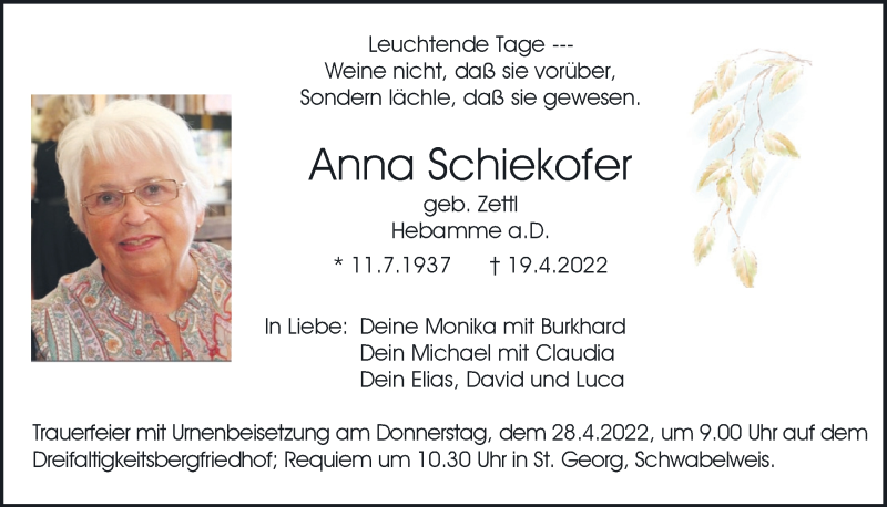  Traueranzeige für Anna Schiekofer vom 23.04.2022 aus Mittelbayerische Zeitung Regensburg