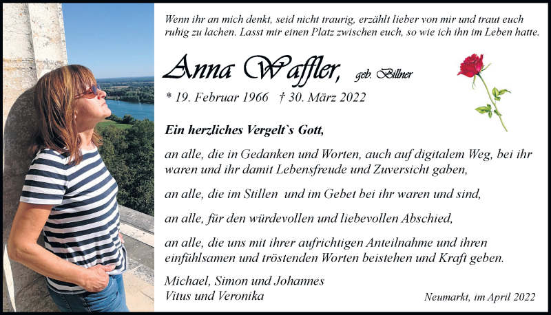  Traueranzeige für Anna Waffler vom 23.04.2022 aus Neumarkter Tagblatt