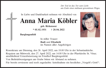 Traueranzeige von Anna Maria Köbler von Mittelbayerische Zeitung Schwandorf