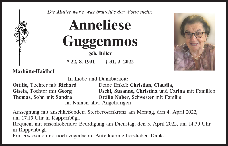  Traueranzeige für Anneliese Guggenmos vom 02.04.2022 aus Mittelbayerische Zeitung Schwandorf