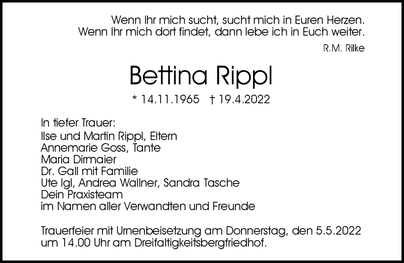  Traueranzeige für Bettina Rippl vom 30.04.2022 aus Mittelbayerische Zeitung Regensburg