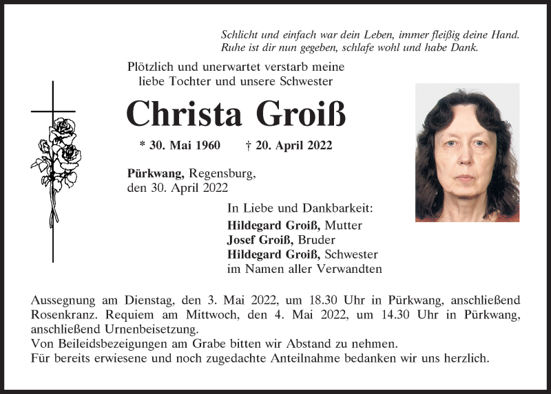  Traueranzeige für Christa Groiß vom 30.04.2022 aus Mittelbayerische Zeitung Kelheim