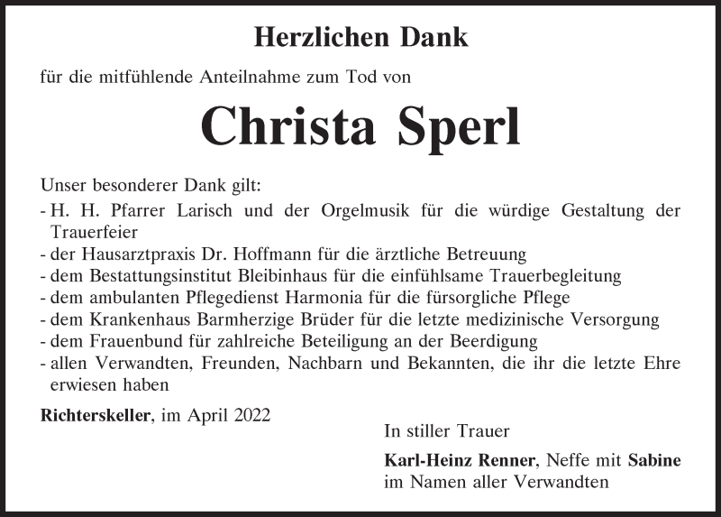  Traueranzeige für Christa Sperl vom 09.04.2022 aus Mittelbayerische Zeitung Regensburg