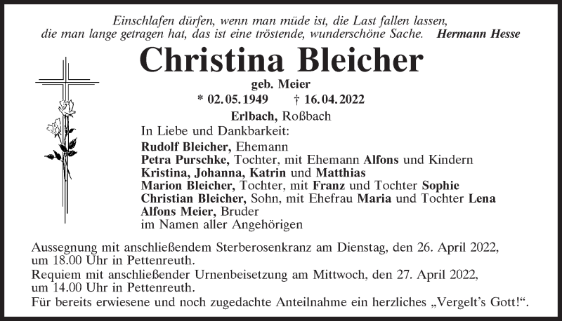  Traueranzeige für Christina Bleicher vom 23.04.2022 aus Mittelbayerische Zeitung Regensburg
