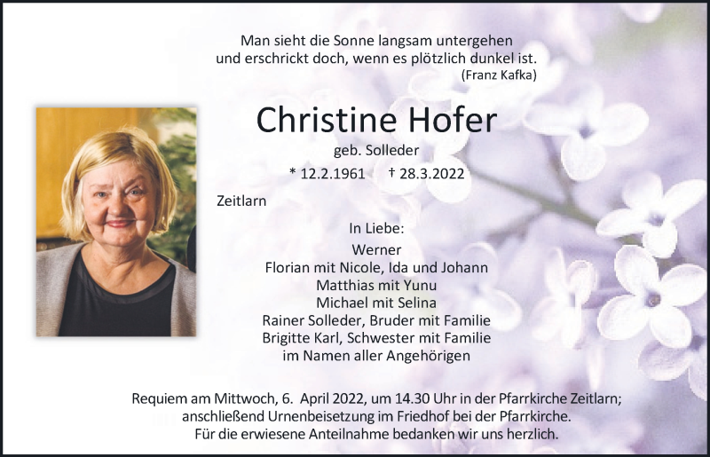  Traueranzeige für Christine Hofer vom 02.04.2022 aus Mittelbayerische Zeitung Regensburg