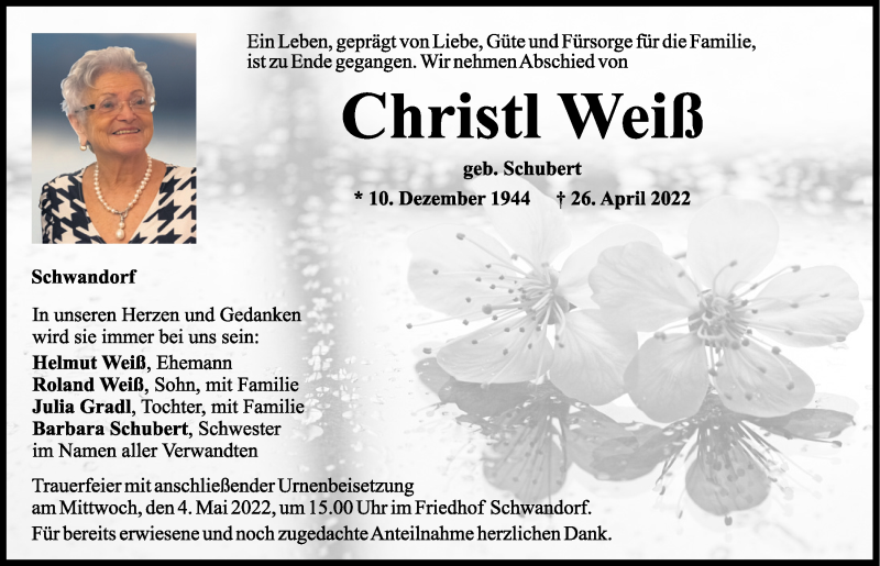  Traueranzeige für Christl Weiß vom 30.04.2022 aus Mittelbayerische Zeitung Schwandorf