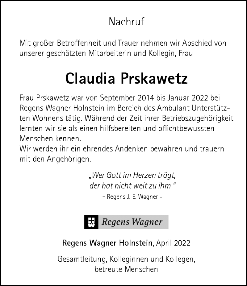  Traueranzeige für Claudia Prskawetz vom 30.04.2022 aus Neumarkter Tagblatt