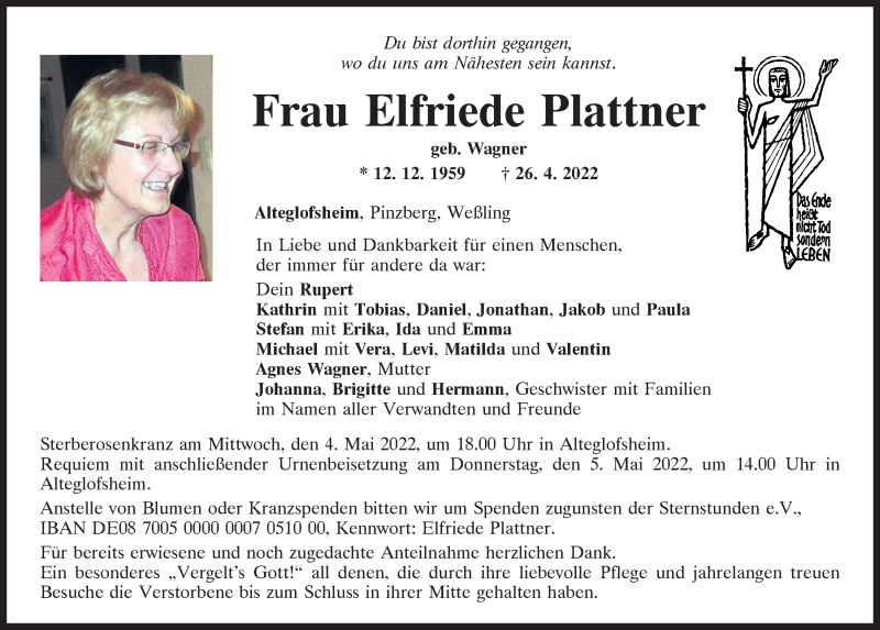  Traueranzeige für Elfriede Plattner vom 30.04.2022 aus Mittelbayerische Zeitung Regensburg