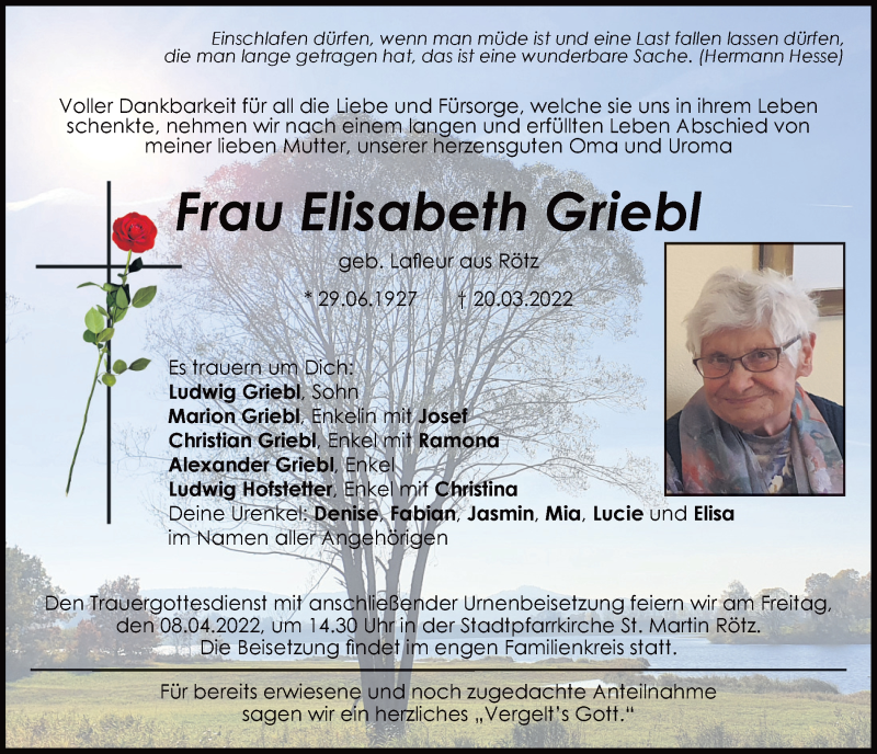  Traueranzeige für Elisabeth Griebl vom 06.04.2022 aus Bayerwald Echo