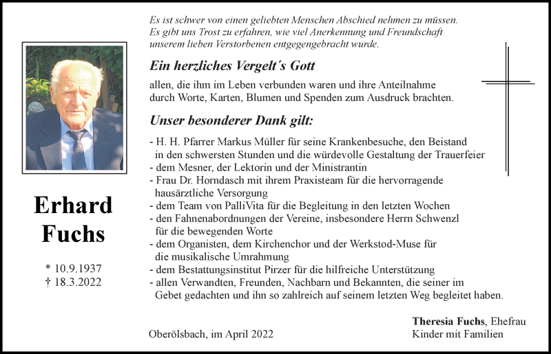  Traueranzeige für Erhard Fuchs vom 02.04.2022 aus Neumarkter Tagblatt