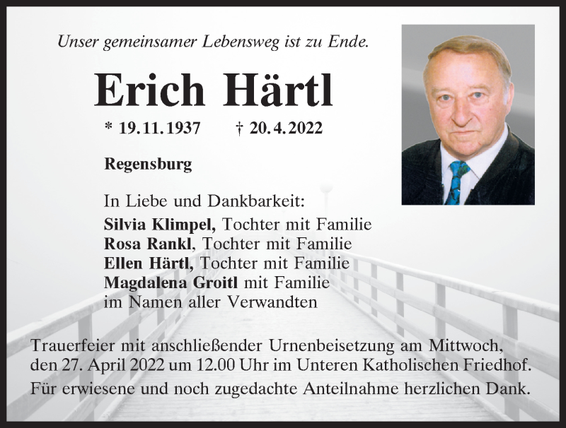  Traueranzeige für Erich Härtl vom 23.04.2022 aus Mittelbayerische Zeitung Regensburg