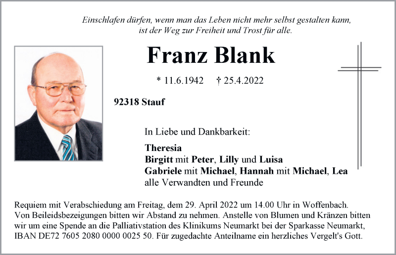 Traueranzeige für Franz Blank vom 27.04.2022 aus Neumarkter Tagblatt