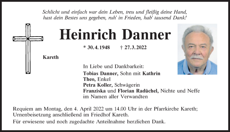  Traueranzeige für Heinrich Danner vom 02.04.2022 aus Mittelbayerische Zeitung Regensburg