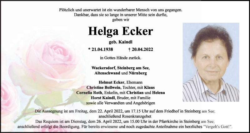  Traueranzeige für Helga Ecker vom 22.04.2022 aus Mittelbayerische Zeitung Schwandorf
