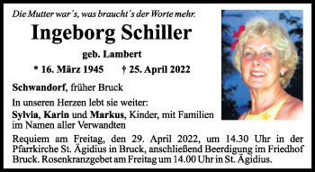 Traueranzeige von Ingeborg Schiller von Mittelbayerische Zeitung Schwandorf