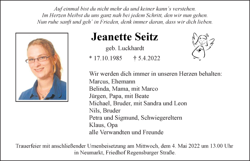  Traueranzeige für Jeanette Seitz vom 30.04.2022 aus Neumarkter Tagblatt