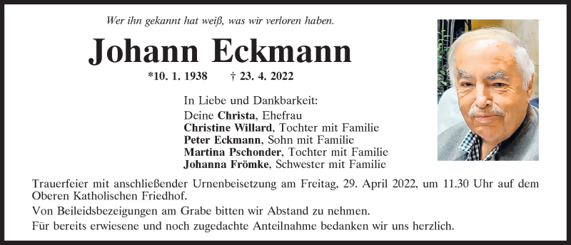  Traueranzeige für Johann Eckmann vom 27.04.2022 aus Mittelbayerische Zeitung Regensburg