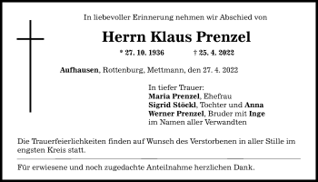 Traueranzeige von Klaus Prenzel von Mittelbayerische Zeitung Regensburg