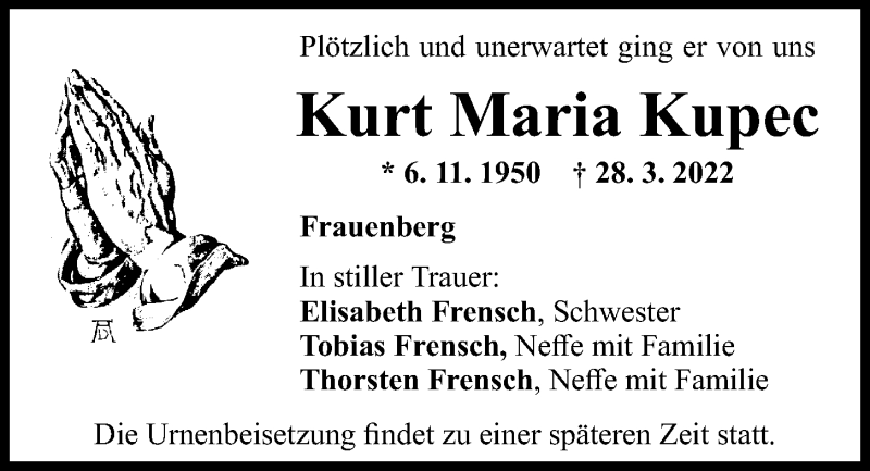  Traueranzeige für Kurt Maria Kupec vom 02.04.2022 aus Mittelbayerische Zeitung Regensburg
