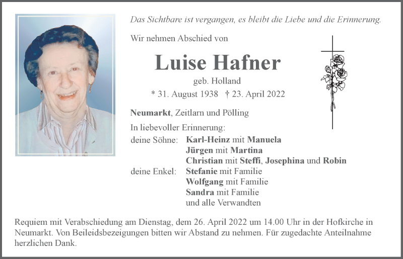  Traueranzeige für Luise Hafner vom 25.04.2022 aus Neumarkter Tagblatt